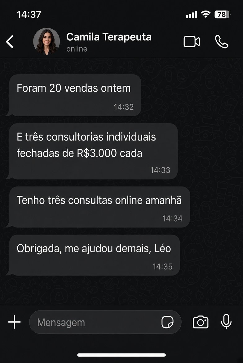 Depoimento de Camila, terapeuta, sobre 20 vendas e consultorias fechadas
